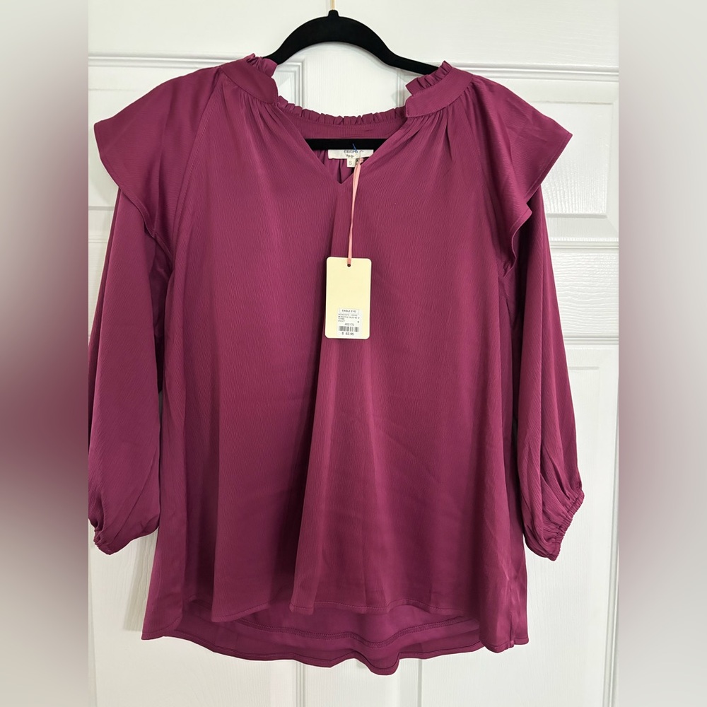 entro Ruffled Shoulder Blouse in Mauve Berry